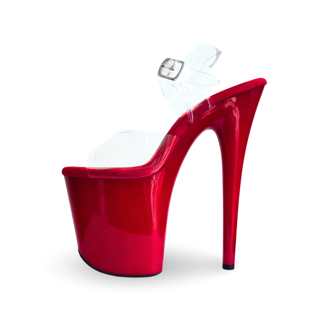 8 Inch red pole heels with clear straps